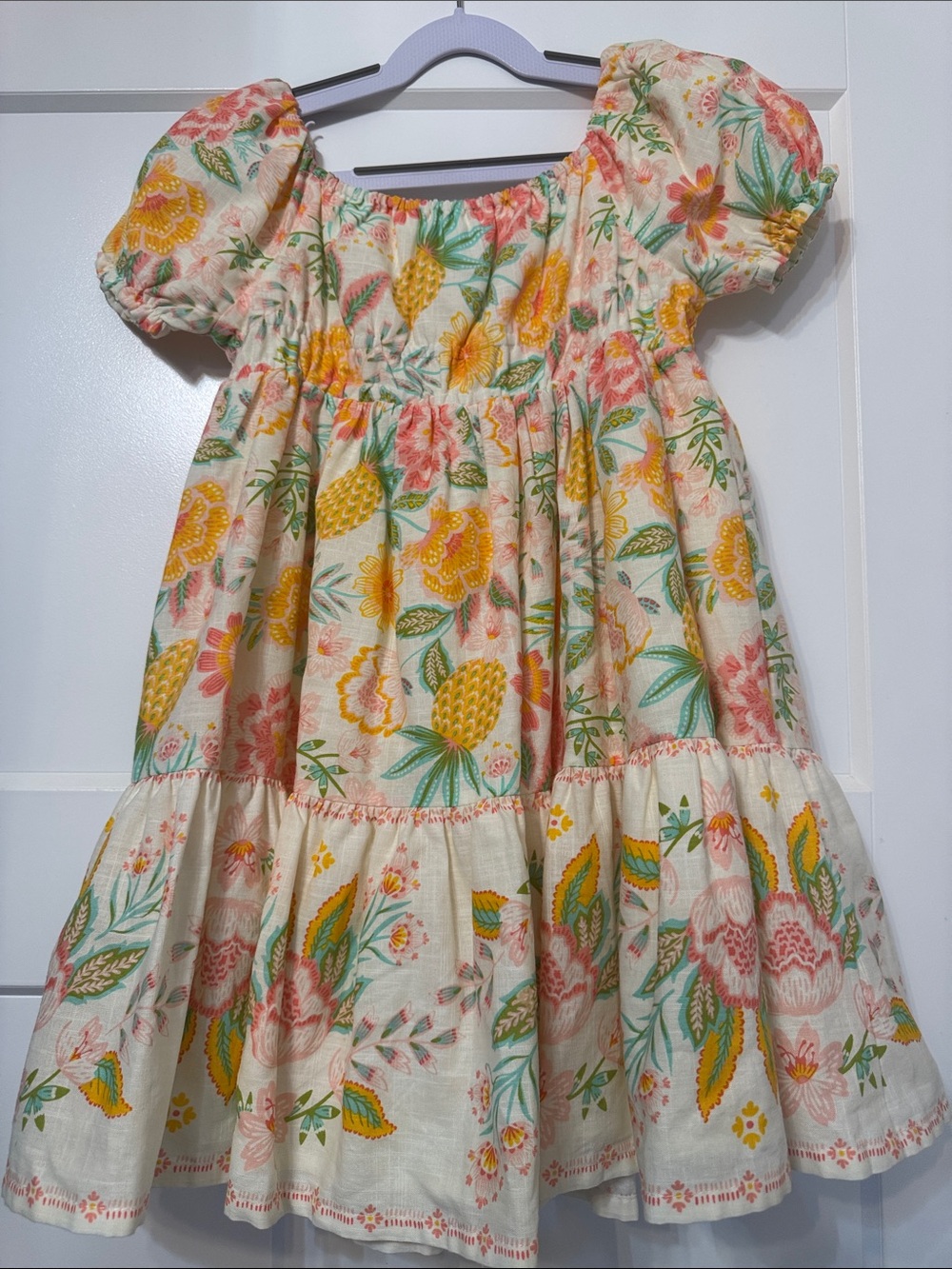 Rachel Zoe Cream Floral & Yellow Pineapple Smocked Puff-Sleeve Dress - Picture 5 of 6